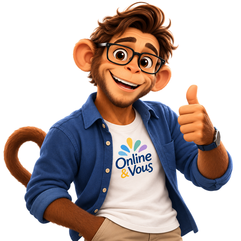 La mascotte Online & Vous, lunettes et chemise bleue, lève le pouce
